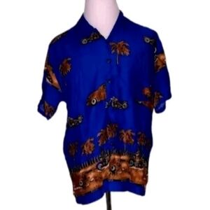 Hawatoha Resort Wear Large Button Front Collared Shirt Mens Blue Gold Cars Bikes